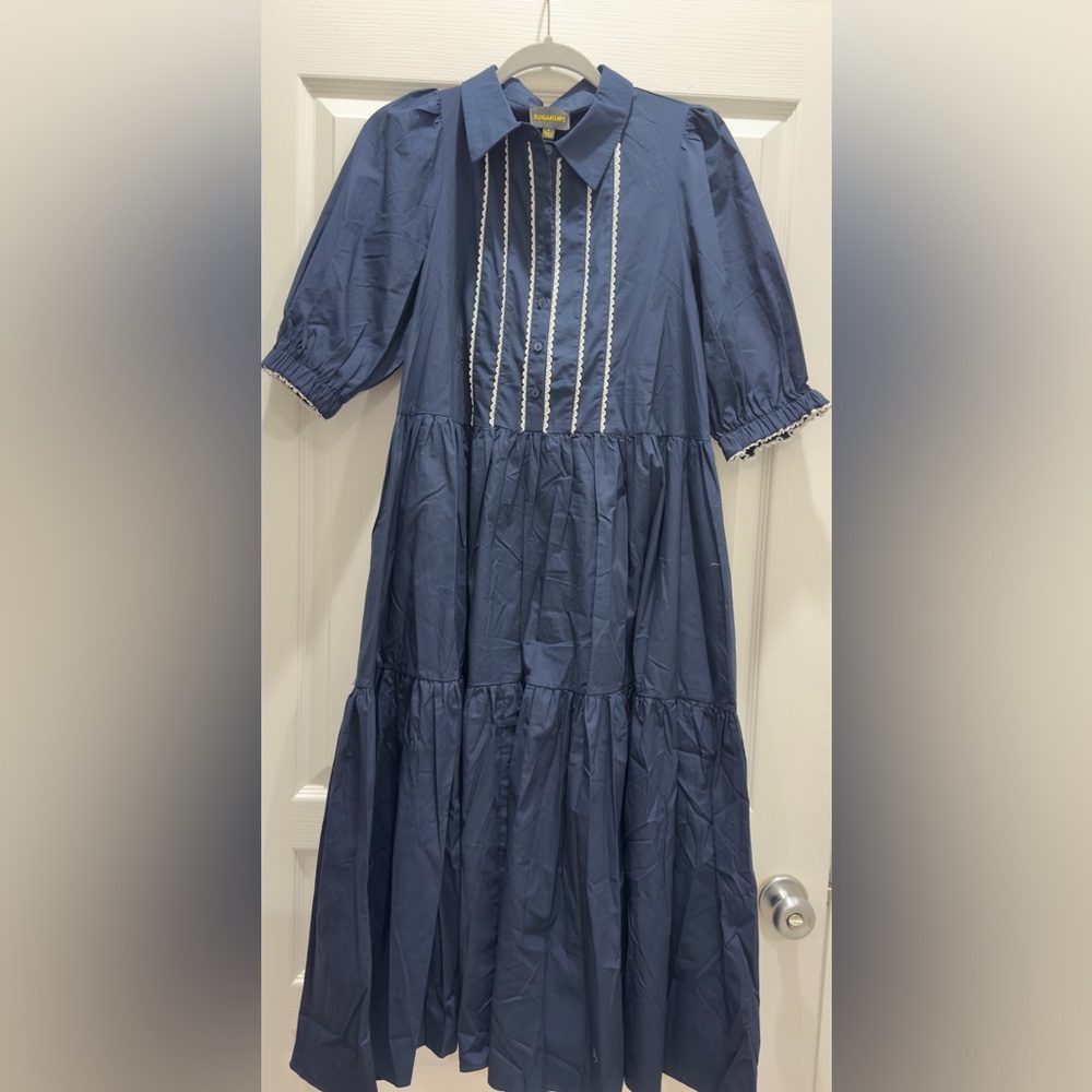 Sugarlips Navy Blue Midi Dress with White Trim